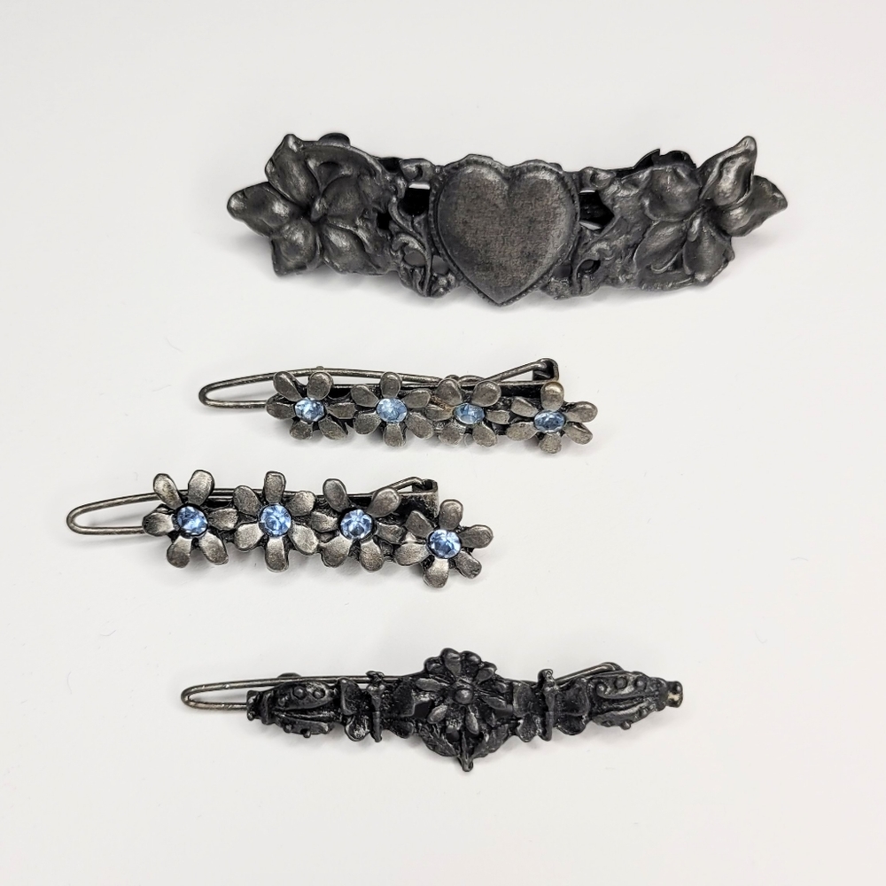 Vintage metal hair barrettes gemstones flowers and heart clasps